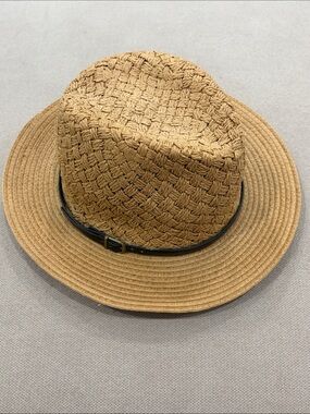 Woven Straw Fedora Hat with Black Band - Tan